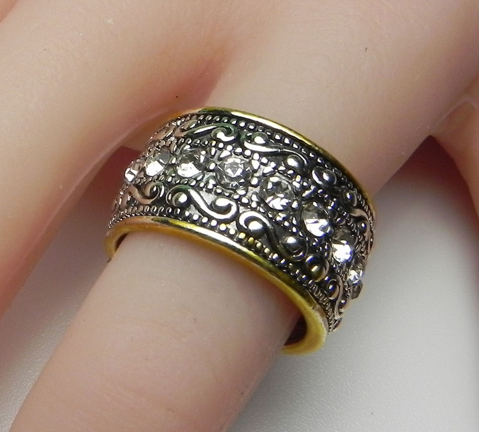 Thumbnail: Two-Tone Scroll Filigree & Crystal Wide Statement Band Ring