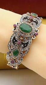 Vintage Inspired Antiqued Gold Tone Emerald-Ruby-Crystals Bracelet