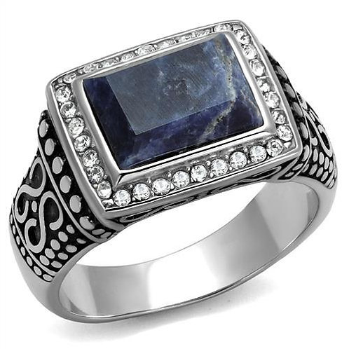Bali Inspired Blue Sodalite & Pave Set CZ's Stainless Steel Men's Ring Sz 8-13