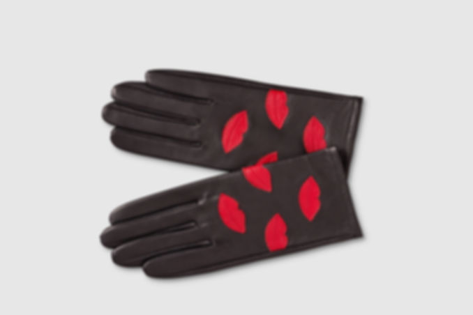 Black + Red Kisses Lips Leather Gloves