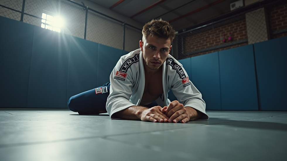 Eye-level view of a BJJ practitioner demonstrating a technique on the mat