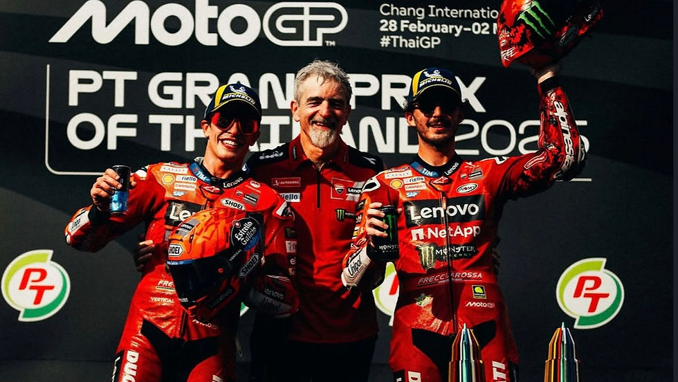 Marc Márquez, Francesco Bagnaia and Gigi Dall’igna on the podium of the 2025 Thailand Grand Prix / Credit: @ducaticorse via Instagram