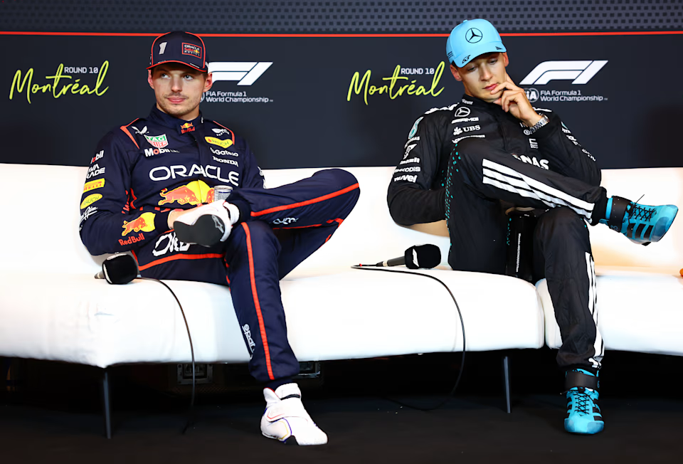Max Verstappen and George Russell during the post-qualifying press conference in Montreal | Credit: Formula One