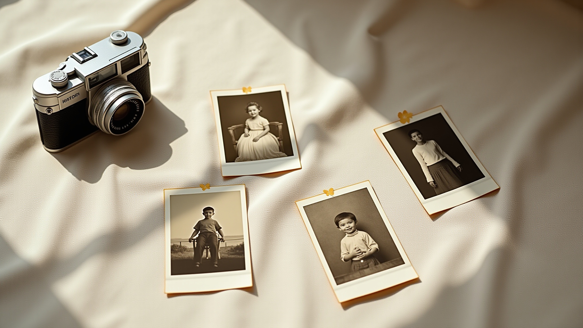 Hier sieht man ein paar Polarid Bilder auf einen cremen Hintergrund und eine ältere Kamera.