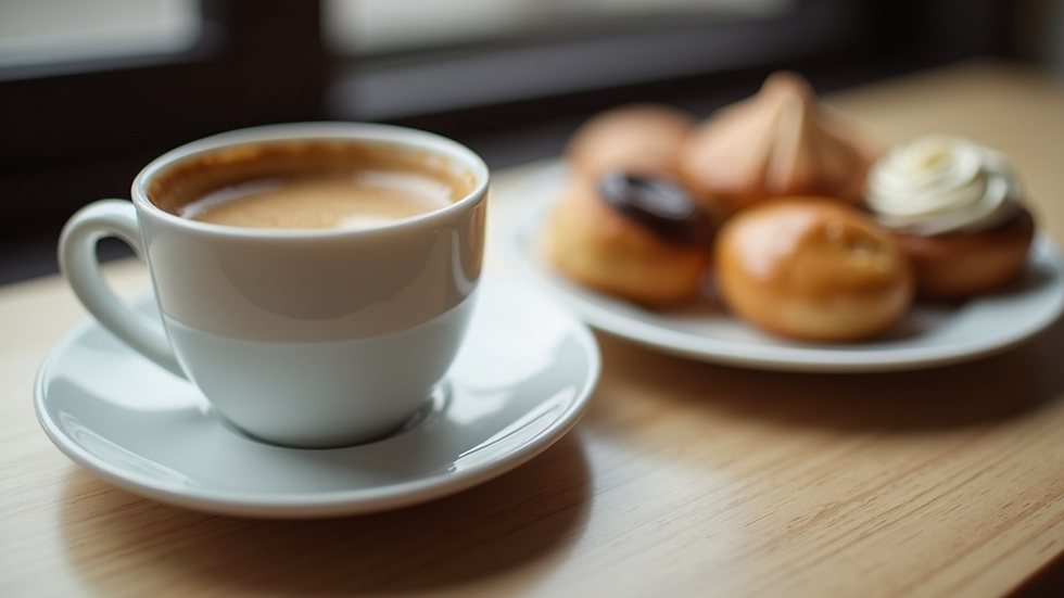 Close-up view of a coffee cup next to a plate of assorted pastries