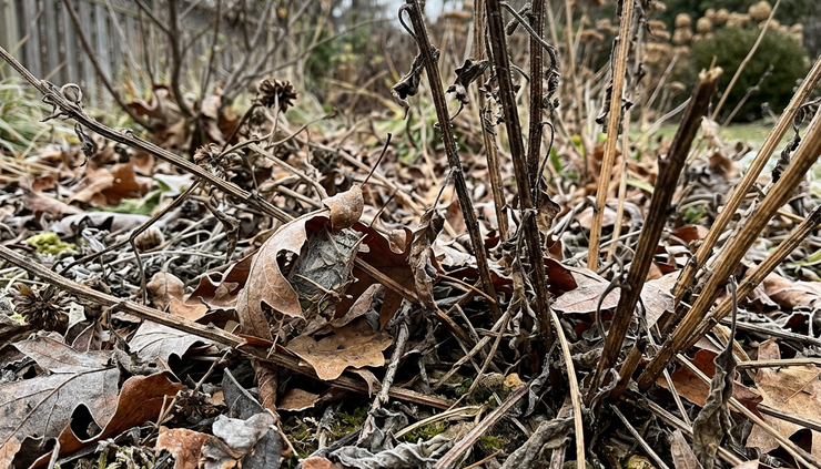 Low-angle view of dry leaves and standing flower stems in a winter garden bed.