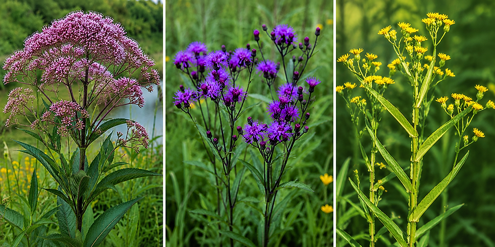 Flowering Joe Pye, Ironweed and Yellow Wingstem