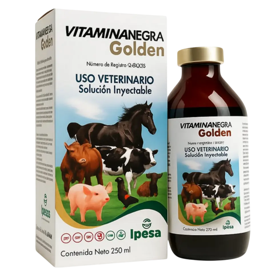 Packshot photography of a veterinary injectable solution bottle and its branded packaging. The product packaging features illustrations of various farm animals against a green field.