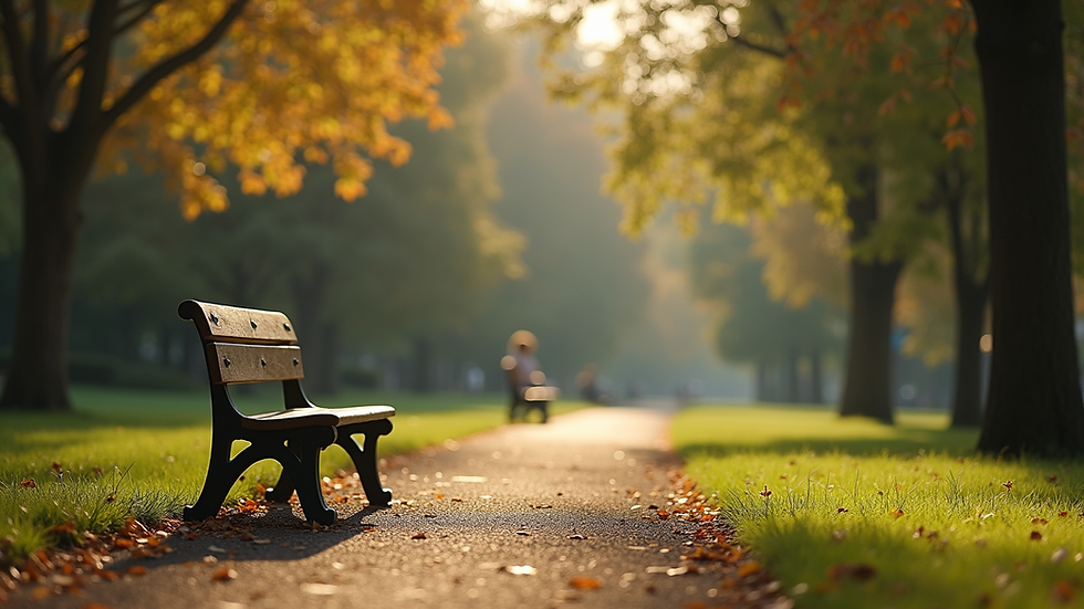 Eye-level view of a serene park with a bench