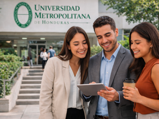 Profesionales revisando información sobre beneficios de estudiar una maestría en la Universidad Metropolitana de Honduras.
