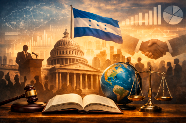 Imagen conceptual que representa el estudio de las ciencias políticas en Honduras, integrando símbolos del Estado, la gobernanza, la justicia, el análisis político y la formación académica de posgrado.