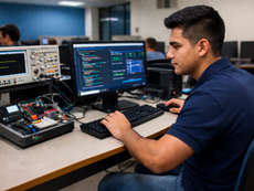 Estudiante de Ingeniería Informática trabajando con tecnología en una universidad de Honduras