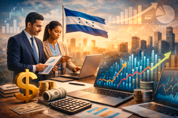  Imagen conceptual que representa el estudio de la economía y las finanzas en Honduras, integrando análisis financiero, liderazgo empresarial, toma de decisiones estratégicas, mercados económicos y formación académica de posgrado.