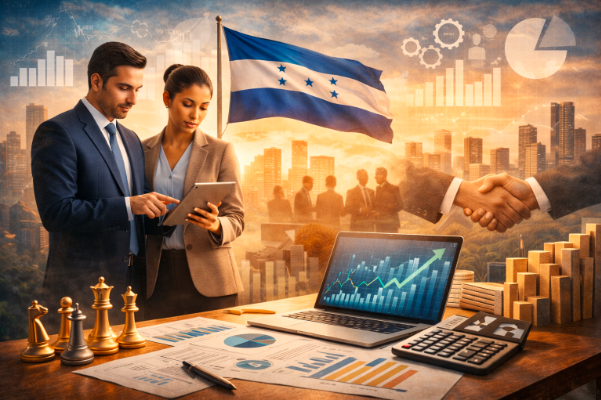 Imagen conceptual que representa la Maestría en Gestión de Negocios en Honduras, integrando liderazgo empresarial, análisis estratégico, dirección organizacional, trabajo en equipo y formación académica de posgrado orientada al crecimiento profesional.