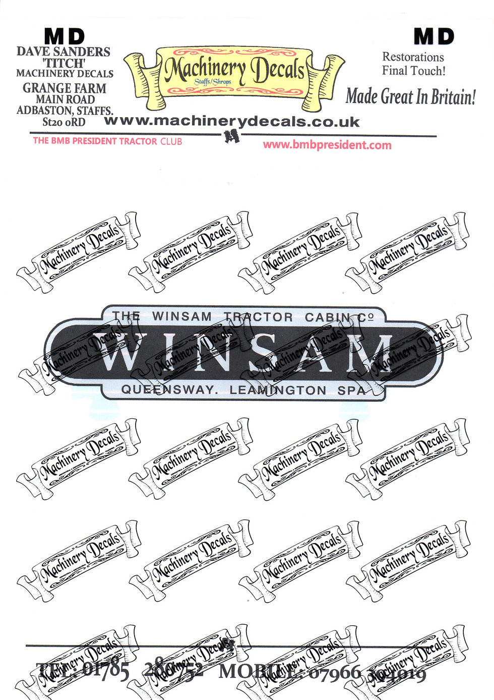 WINSAM TRACTOR CAB DECALS Machinery Decals