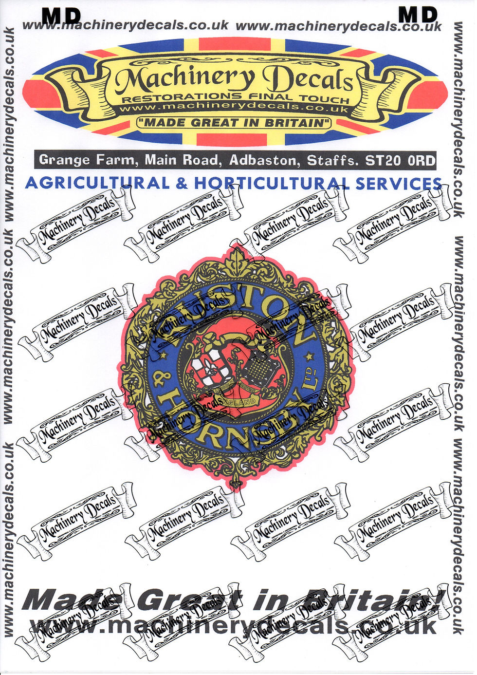 RUSTON AND HORNSBY Decals 7" Two off (Come as a pair)