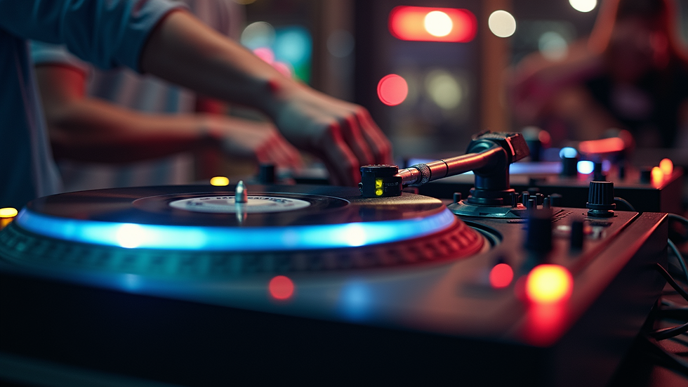 Close-up view of a DJ mixing music on a turntable during a live radio show