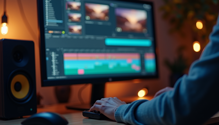 Close-up view of a video editor working on a computer with editing software