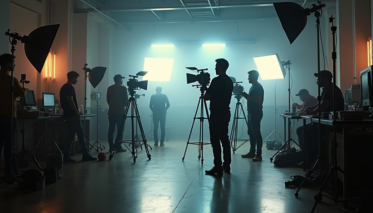 Eye-level view of a Mumbai film studio with cameras and lighting equipment