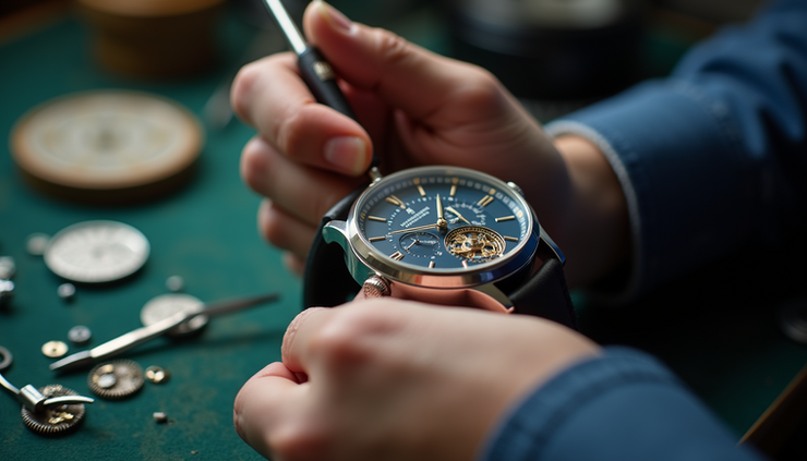 Eye-level view of a luxury watchmaker carefully assembling a timepiece