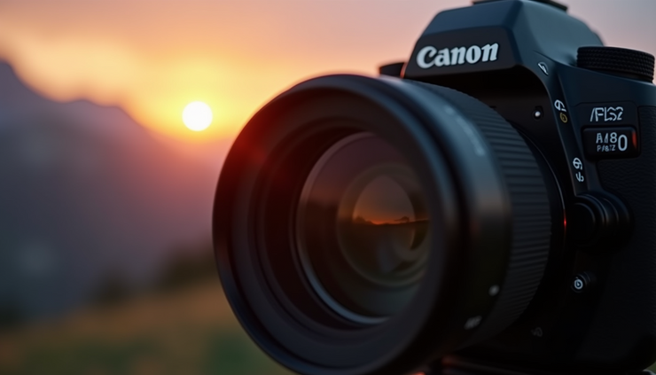 Close-up view of a camera capturing a sunset over a mountain range