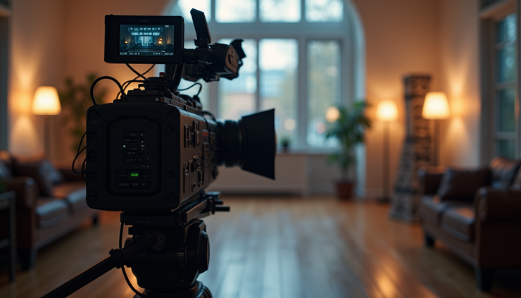 Close-up view of professional video camera and lighting setup on an indoor film set
