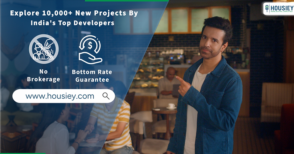 Man in blue jacket points in a cafe beside a Housiey promo: Explore 10,000+ New Projects, No Brokerage, Bottom Rate Guarantee.