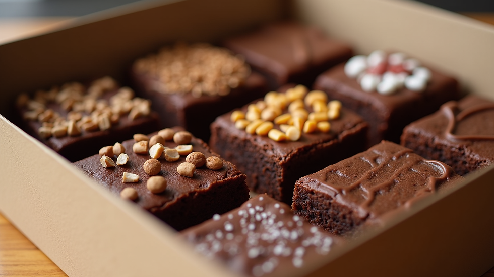 Eye-level view of a box of assorted brownies with different toppings