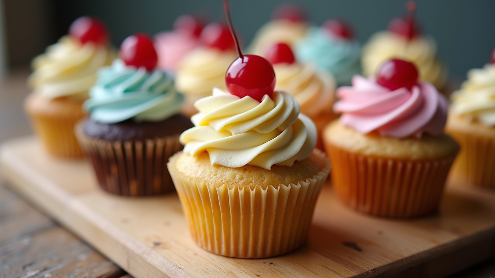 Close-up view of assorted colourful cupcakes on a wooden table
