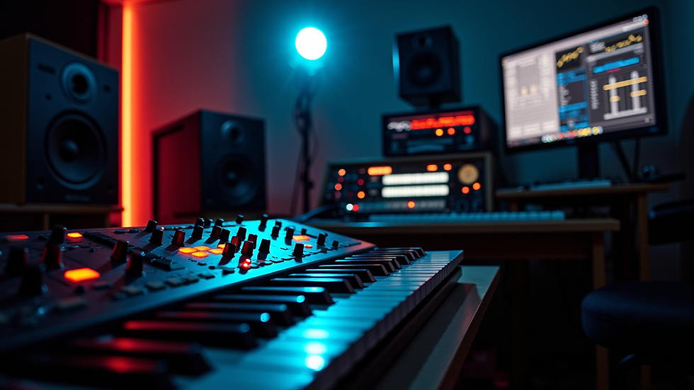 Eye-level view of a dark synth music studio with glowing equipment