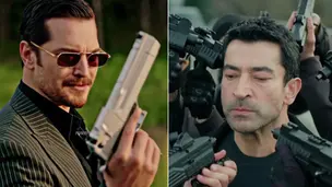 İki adam karşı karşıya. Soldaki çizgili takım elbise ve güneş gözlüğü takıyor, silah tutuyor. Sağdaki adama silahlar doğrultulmuş. Gergin atmosfer.