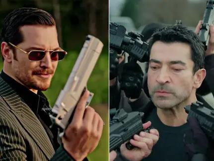 İki adam karşı karşıya. Soldaki çizgili takım elbise ve güneş gözlüğü takıyor, silah tutuyor. Sağdaki adama silahlar doğrultulmuş. Gergin atmosfer.