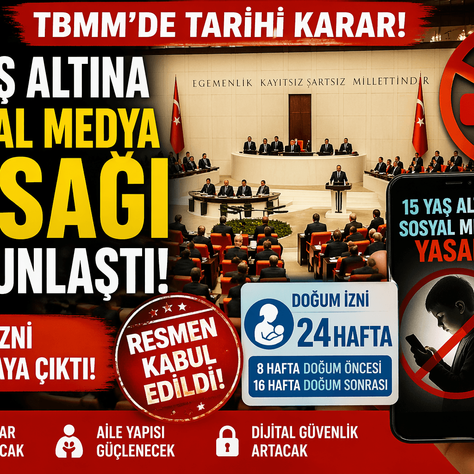 TBMM'de sosyal medya yasağı ve doğum izni kararı. 15 yaş altına yasak, izni 24 hafta. Kırmızı, beyaz tonlar. Emojiler yasaklanmış.