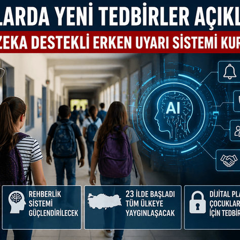 Okul koridorunda öğrenciler yürüyor. Güvenlik kamerası, üstte "Okullarda yeni tedbirler" metni ve AI grafik simgeleri görülüyor.