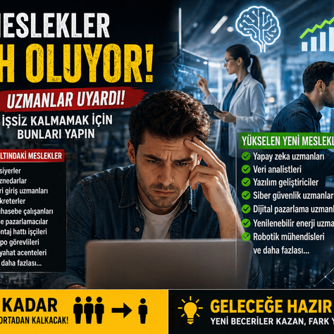 Erkek, bilgisayar başında endişeli; arka planda robot ve insanlar, yeni meslek listesi. "Bu Meslekler Tarih Oluyor!" yazısı.