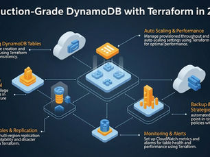 Diagram titled Production-Grade DynamoDB with Terraform in 2026. It features icons and text on provisioning, scaling, security, and monitoring. Blue-orange theme.
