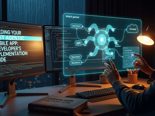 Man in a dim room interacts with futuristic holographic display and monitors. Coding book and phone app visible. "Building Your First Agentic" text.
