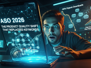 Man amazed by glowing phone displaying "ASO 2026: The Product Quality Shift." Futuristic interface and charts fill background.