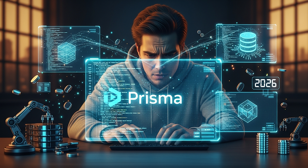 Person in hoodie working at computer with holographic screens, labeled "Prisma," displaying data. Robotic arms and futuristic setting, 2026.