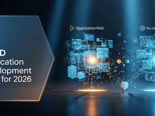 Futuristic tech graphic with glowing blue and orange digital patterns and text: "Top 15 Rapid Application Development Tools for 2026."
