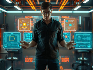 A visionary developer integrates five revolutionary machine learning features into next-generation mobile interfaces in a futuristic innovation lab, showcasing predictive personalization, real-time adaptive interfaces, contextual awareness, emotion recognition, and autonomous task completion. The scene uses dramatic cinematic lighting with cool ML feature glows contrasting against the developer's warm presence, highlighting the future of smart mobile experiences in 2026.