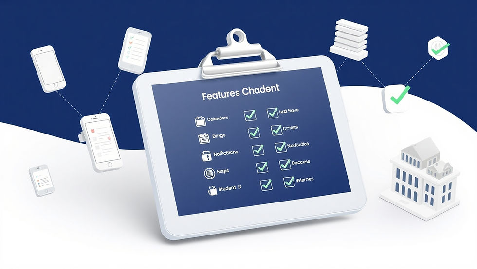 Digital checklist with modern icons for student app features like calendar, grades, dining, and maps, surrounded by floating smartphones and university visuals.