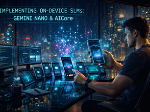 Man in a tech office interacts with smartphone. Large screens show code, city lights outside. Text: "Implementing On-Device SLMs: GEMINI NANO & AICore."