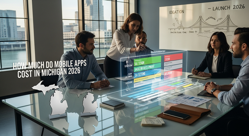 People in a meeting room discuss app costs for Michigan 2026. Digital projection shows data. City view in background. Professional mood.