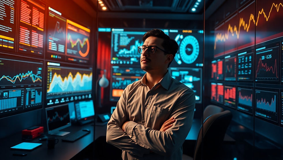 Image is a high-resolution, digitally enhanced photograph depicting a modern, high-tech control room. The layout features multiple large screens displaying various data visualizations, charts, and graphs in vibrant colors such as red, blue, and orange. The screens are arranged in a semi-circular fashion around the room, creating an immersive environment. In the center stands a man with light skin, wearing glasses and a light-colored shirt, with his arms crossed, looking intently at the screens. His expression is focused and contemplative. The room is dimly lit, with the glow from the screens providing the primary illumination, casting a dynamic interplay of light and shadow. The overall atmosphere conveys a sense of advanced technology and data analysis.