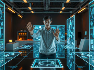 A UI designer creates advanced gesture-based interactions in a futuristic design lab, showcasing motion capture sensors, gesture path visualizations, and responsive UI elements across multiple devices. The scene uses dramatic cinematic lighting with responsive gesture recognition glows contrasting against the designer's warm presence, demonstrating intuitive gesture-based UI design for 2026 apps.