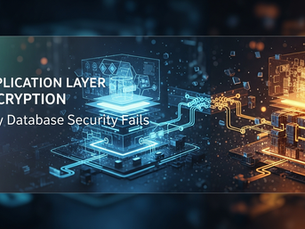 Digital illustration showing blue and orange data networks connected to servers. Text: Application Layer Encryption: Why Database Security Fails.