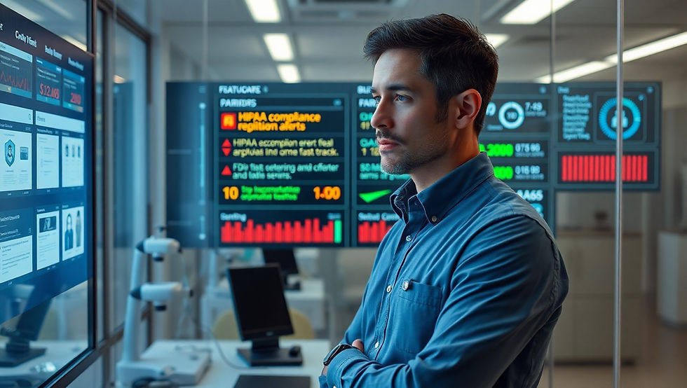 A healthcare developer resolves critical HIPAA compliance issues in a modern tech lab, transforming red violation alerts into green FDA fast-track approvals on a medical dashboard. The scene uses dramatic cinematic lighting with urgent red and success green tones contrasting against neutral lab environment, showcasing a 6-month regulatory transformation journey in healthcare app development.