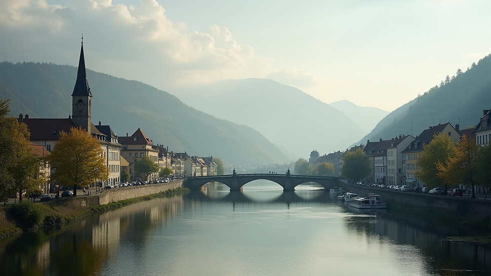 Weitwinkelaufnahme der Mosel mit Blick auf die Altstadt von Konz