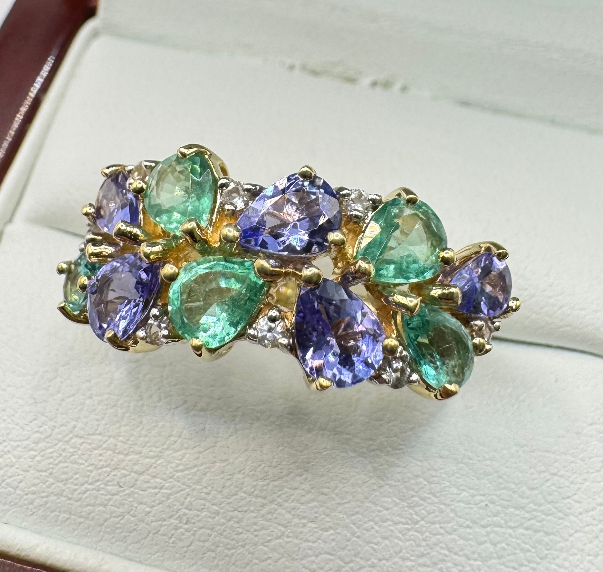 9ct Gold Pear Cut Blue & Green Tourmaline and CZ Ring - Size N 1/2